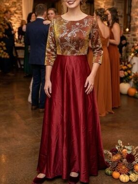 Elegant Burgundy and Gold Evening Dress